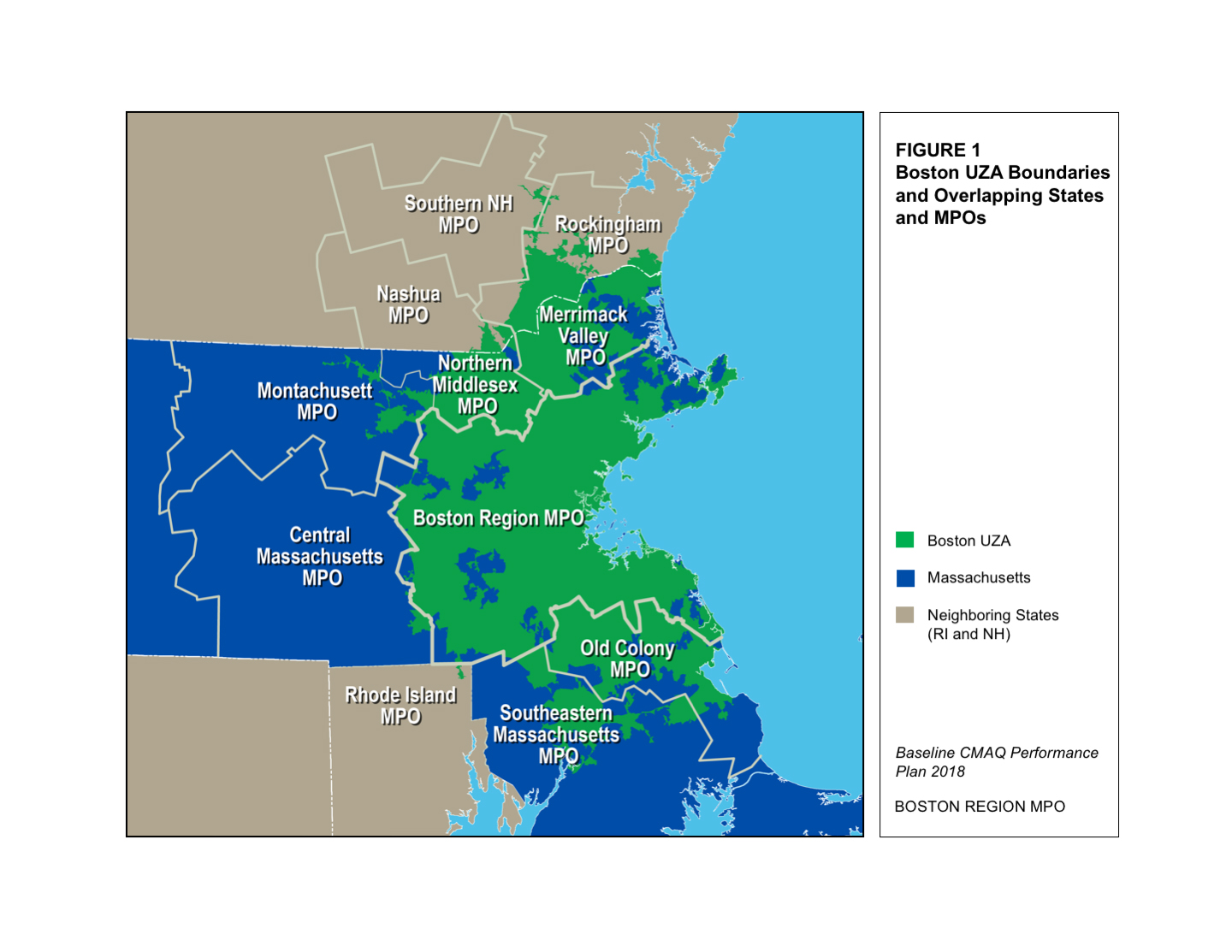 Figure 1
Boston UZA Boundaries and Overlapping States and MPOs
This figure shows the boundaries of the Boston Urbanized Area and the states and Metropolitan Planning Organizations that overlap the urbanized area.
